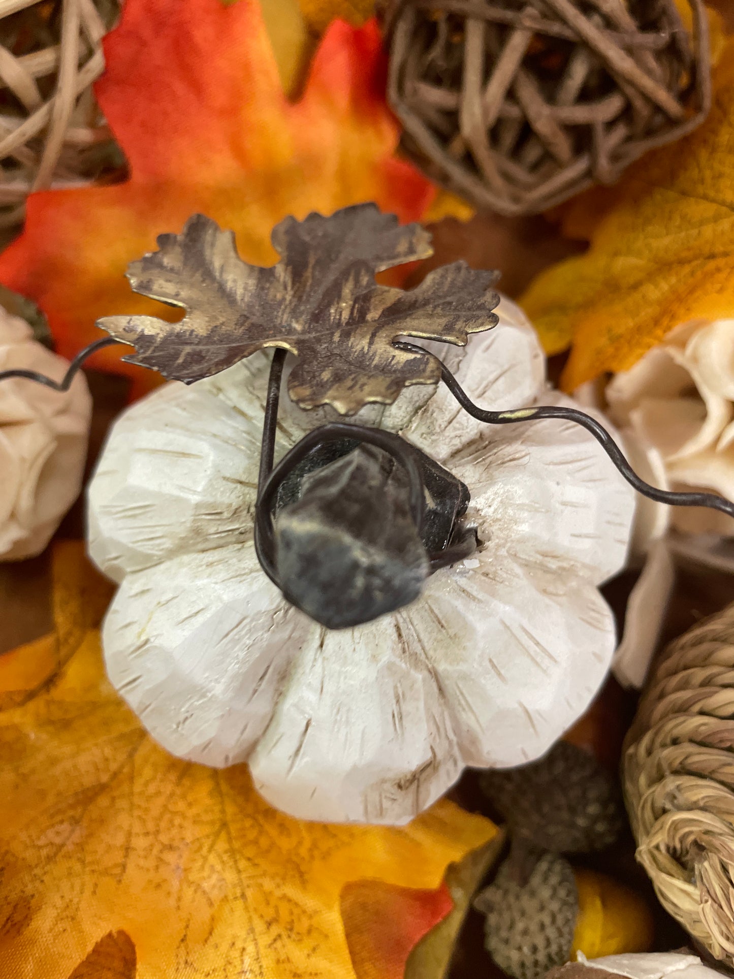 White Resin Pumpkin with Metal Leaf