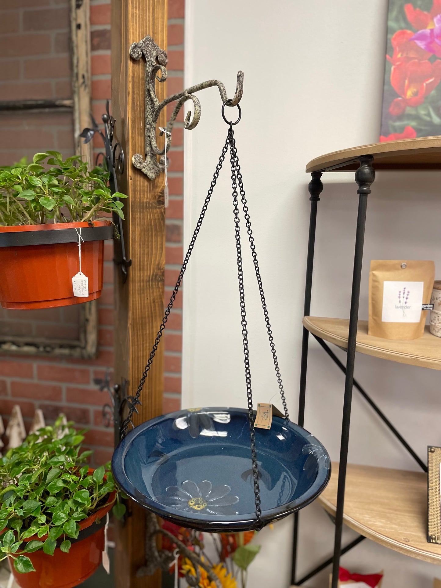 Blue ceramic bird bath hanging from a metal hook with plants and a shelf in the background.