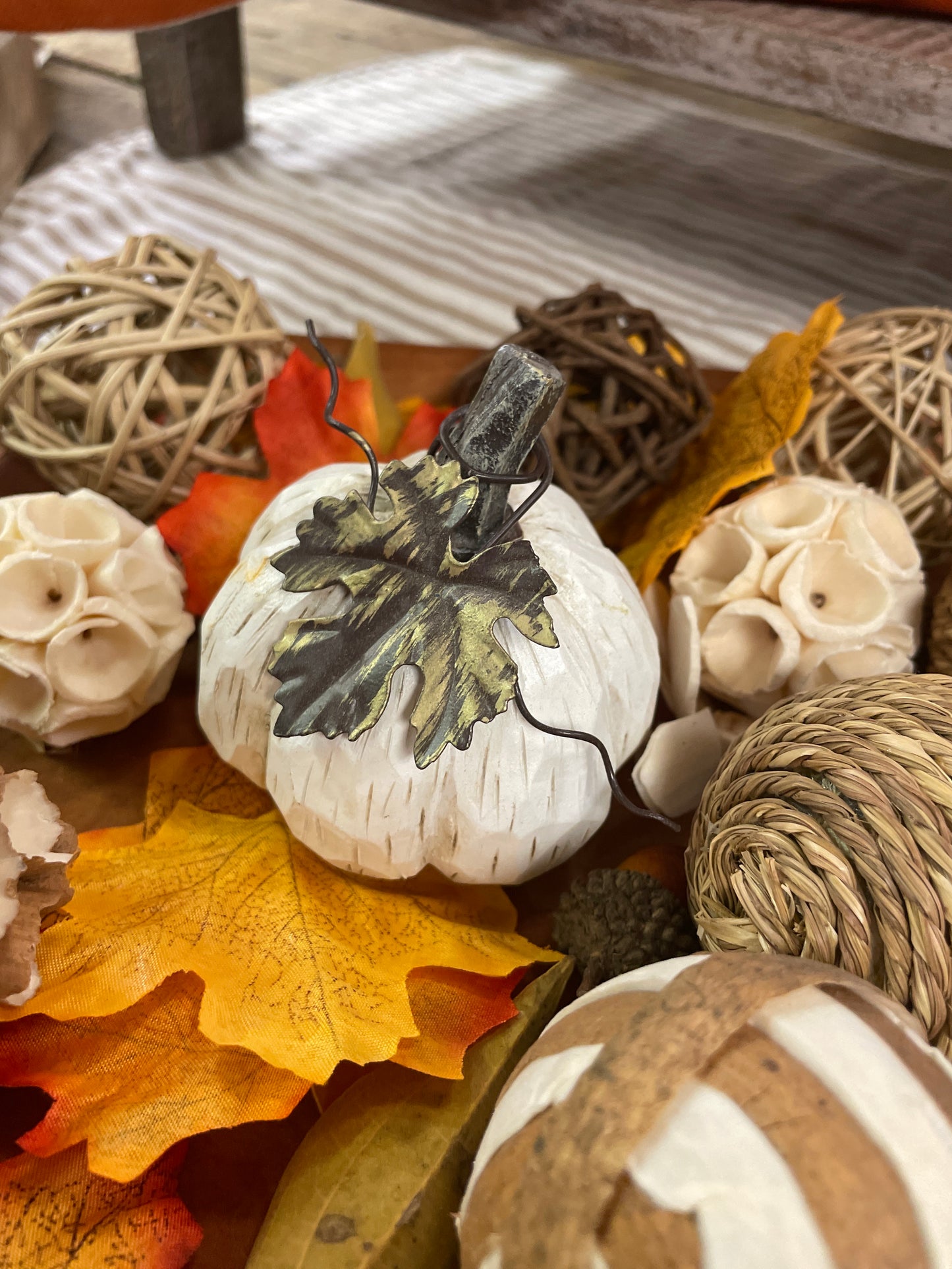 White Resin Pumpkin with Metal Leaf