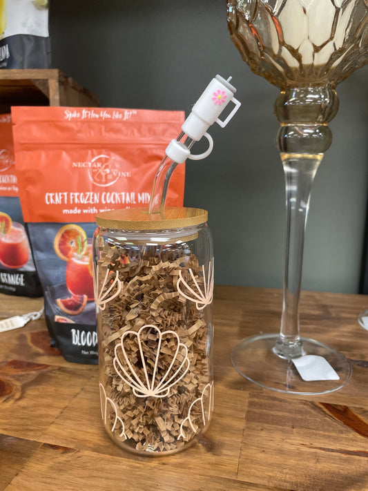 Shell glass cup w/ lid and straw