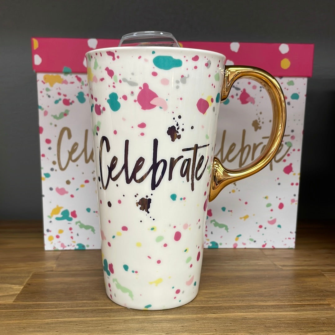 Ceramic Travel Cup w/ metallic accents, 17 OZ w/Box, Celebra