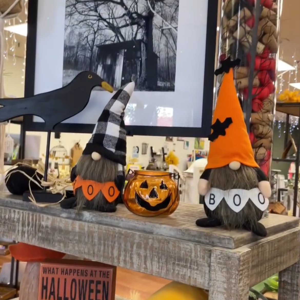 Halloween-themed decor with gnomes, pumpkins, and a black and white photo on a shelf.