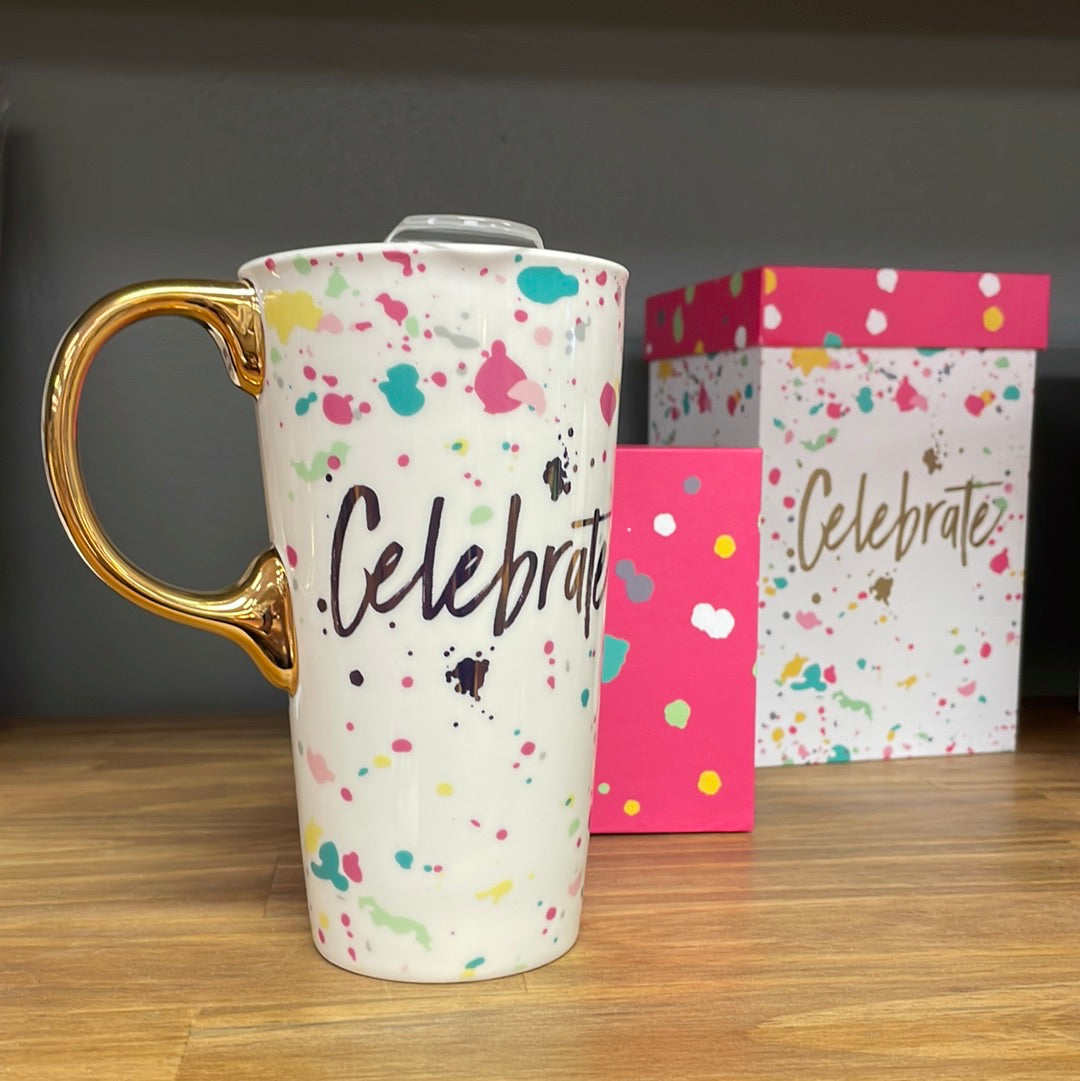 Ceramic Travel Cup w/ metallic accents, 17 OZ w/Box, Celebra