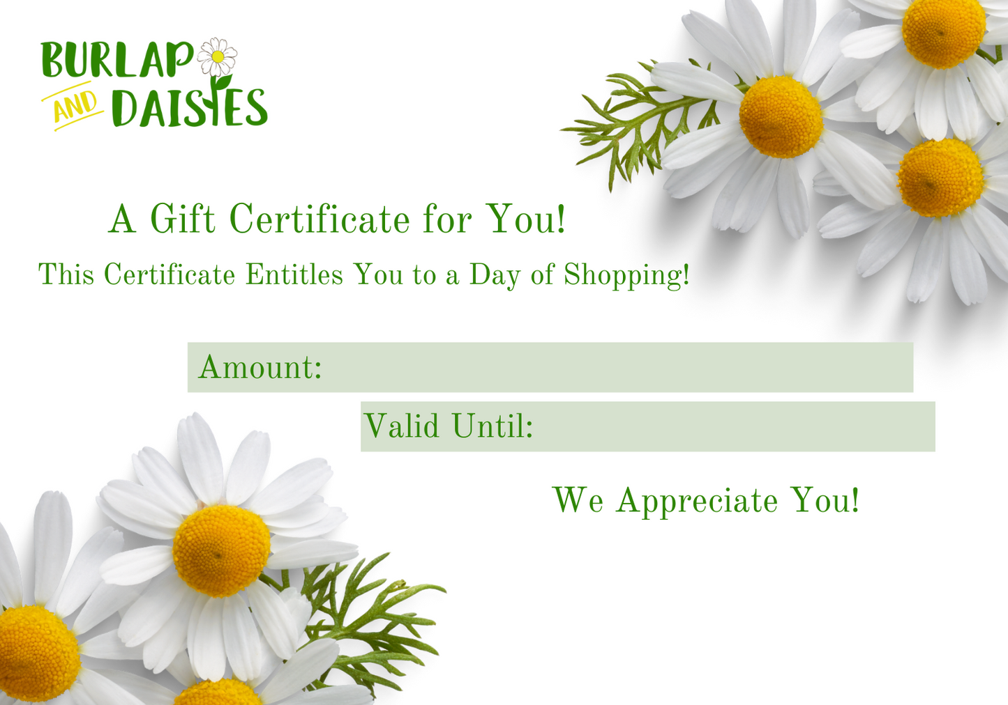 Burlap and Daisies Gift Certificate