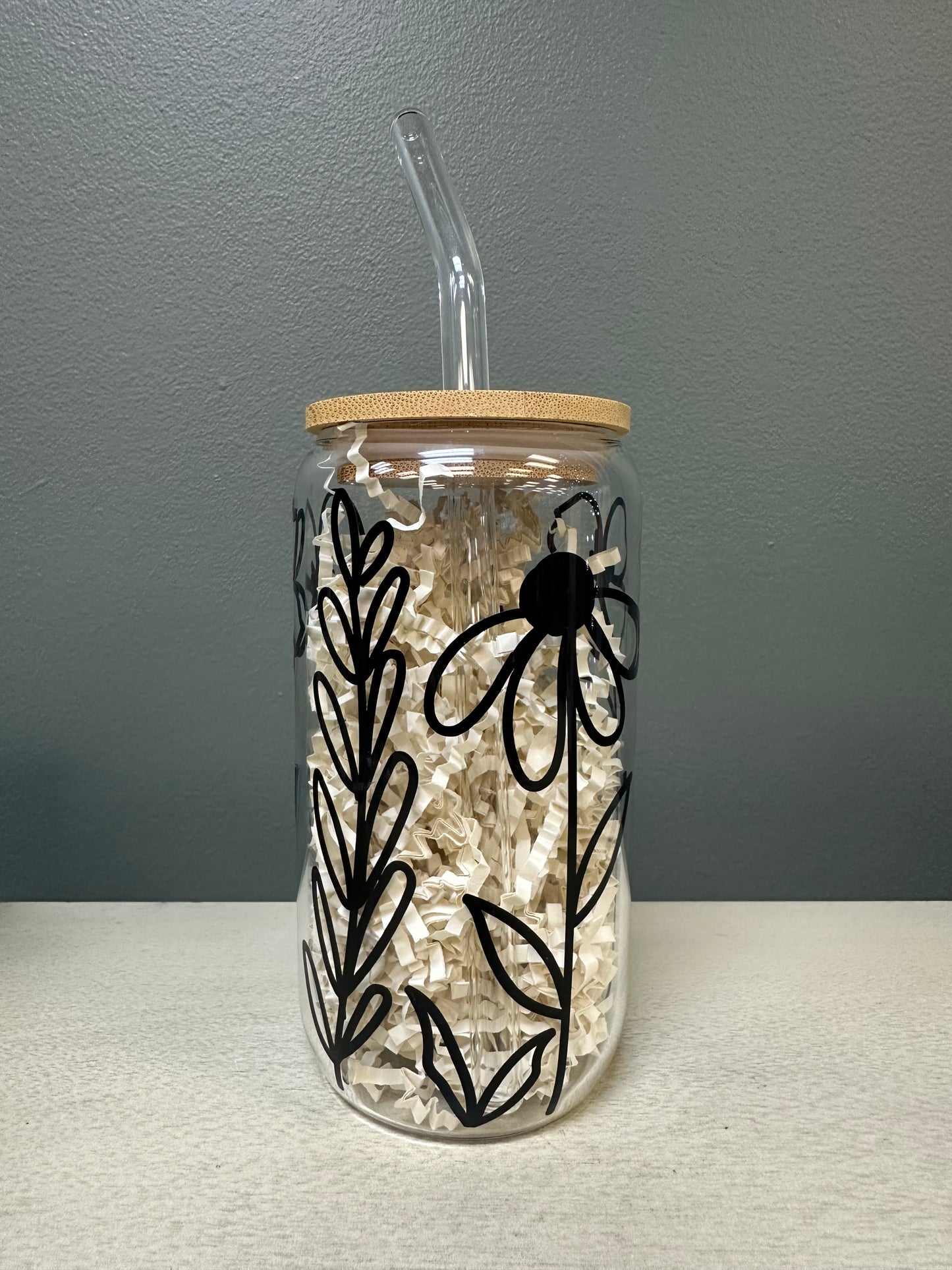 Flower glass cup w/ lid and straw