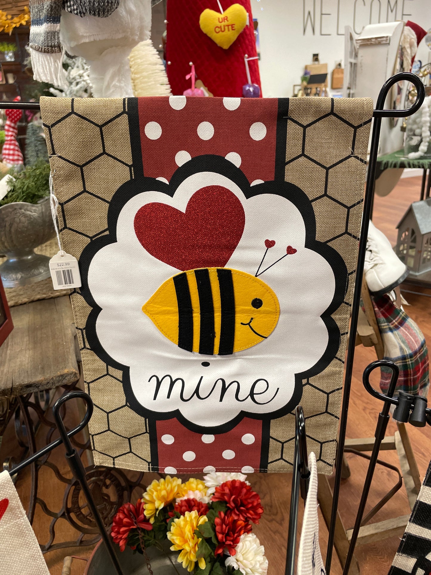 Valentine's Bee Mine Garden Burlap Flag