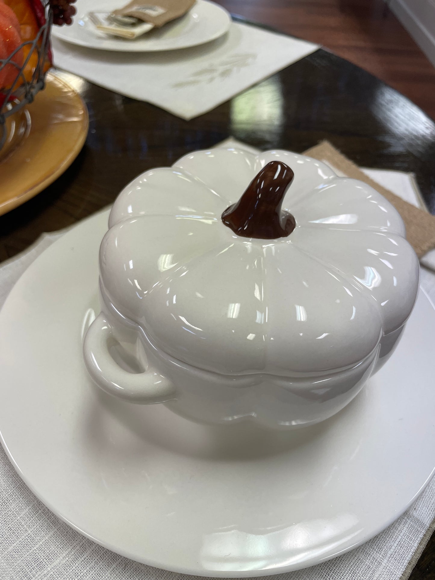 White Lidded Pumpkin w/handles