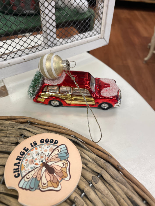 Glass Red Car Ornament