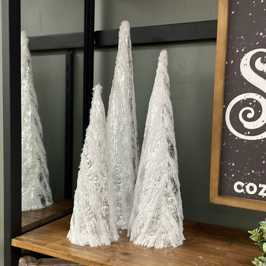 Set of 3 white fur on silver base cone trees