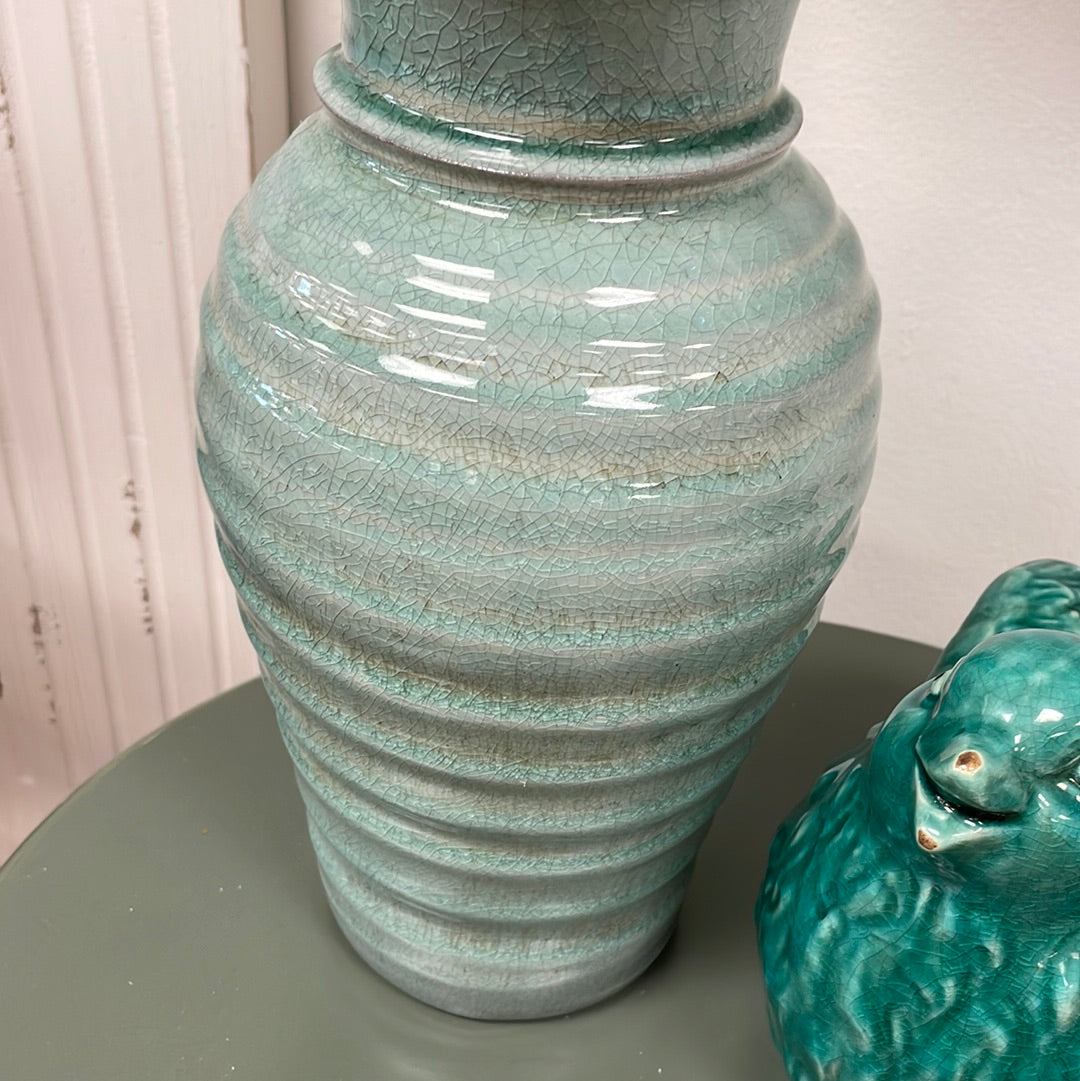 Blue/Green Crackled Ribbed Tall Vase