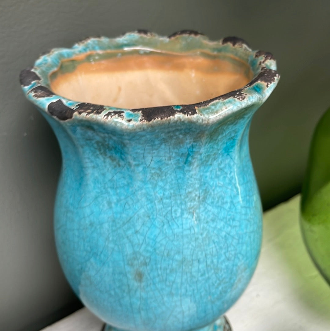 Blue Crackled footed vase