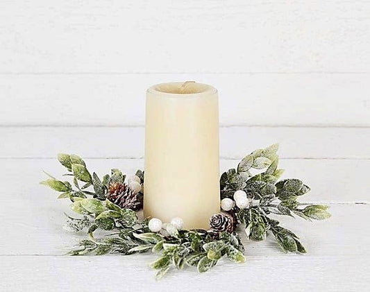 4" Candle Ring - Snowy Boxwood w/ white berries